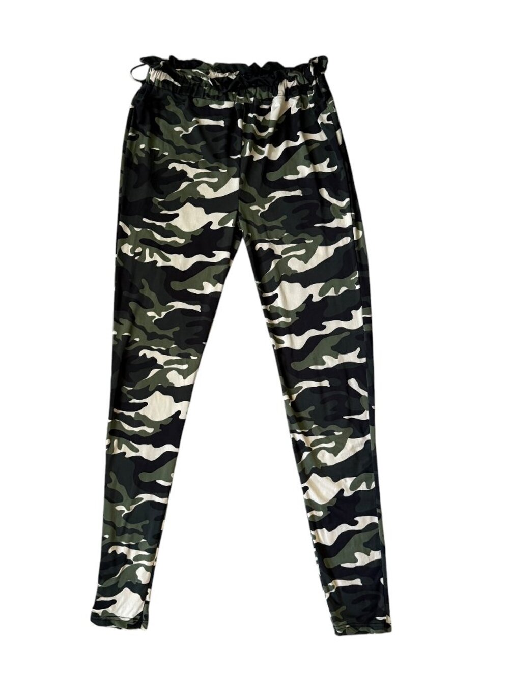 Fashion Nova green and black camouflage leggings ruffled waistband size XS